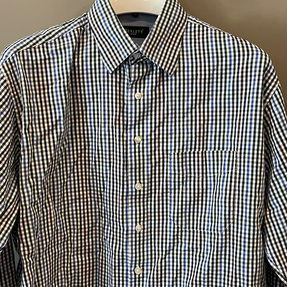 Bexleys Man Mens Gingham Button Down Shirt Blue Green Plaid Size 41 42 Large
